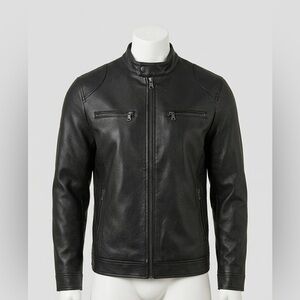 Sleek Black Faux Leather Moto Biker Jacket Men’s XXL